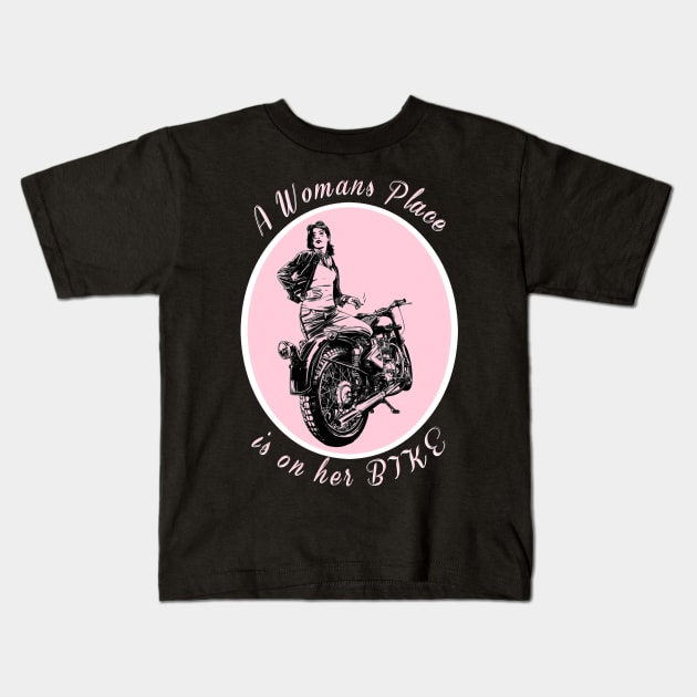 Woman Motorcyclist Design Kids T-Shirt by AtkissonDesign